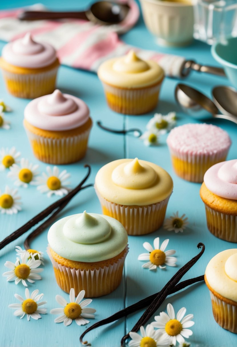 A table with pastel-colored cupcakes, chamomile flowers, and vanilla pods scattered around. A vintage apron and baking utensils are also present