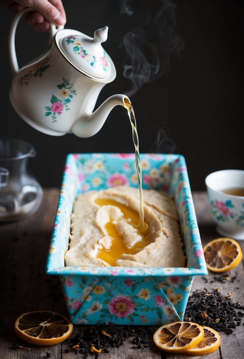 A vintage teapot pours steaming Earl Grey tea into a floral-patterned loaf pan filled with batter, surrounded by loose tea leaves and dried citrus slices