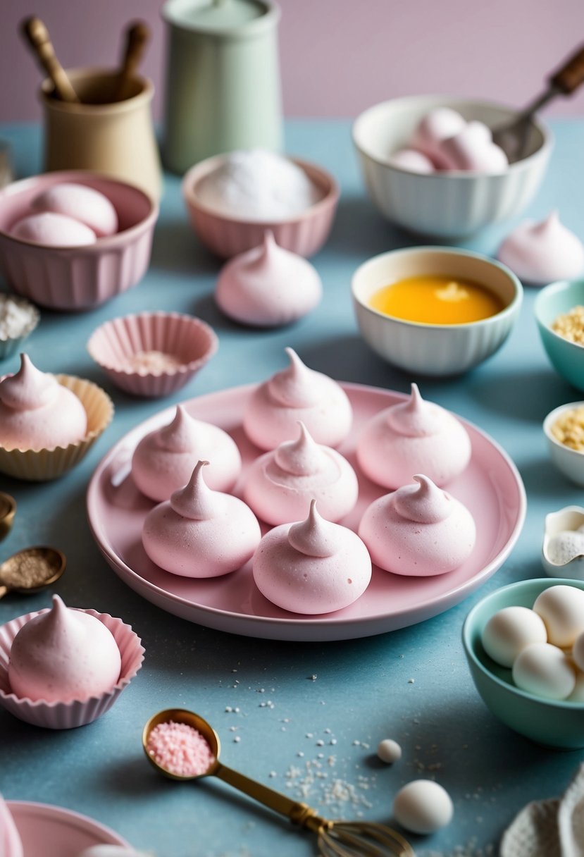 A table set with delicate rose water meringues, surrounded by pastel baking ingredients and vintage kitchen tools