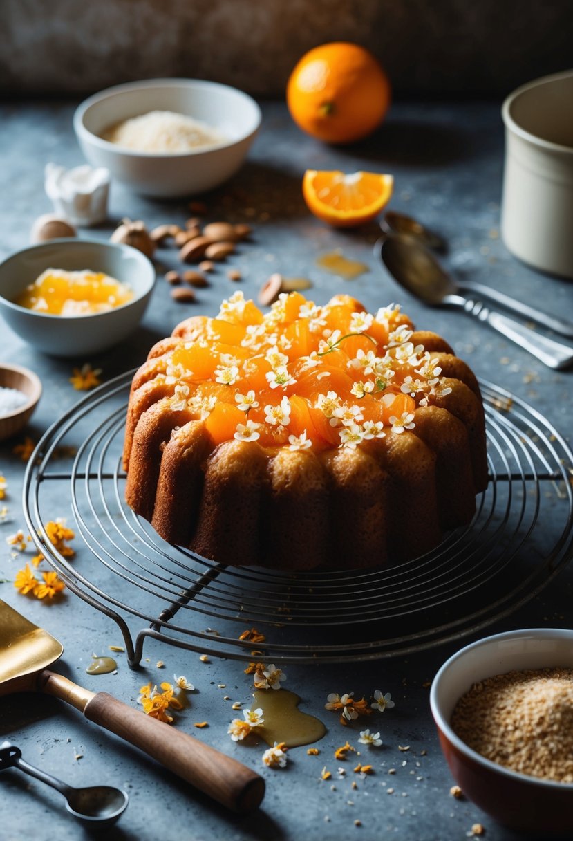 A rustic kitchen counter with a freshly baked orange blossom honey cake cooling on a wire rack, surrounded by scattered ingredients and vintage baking utensils