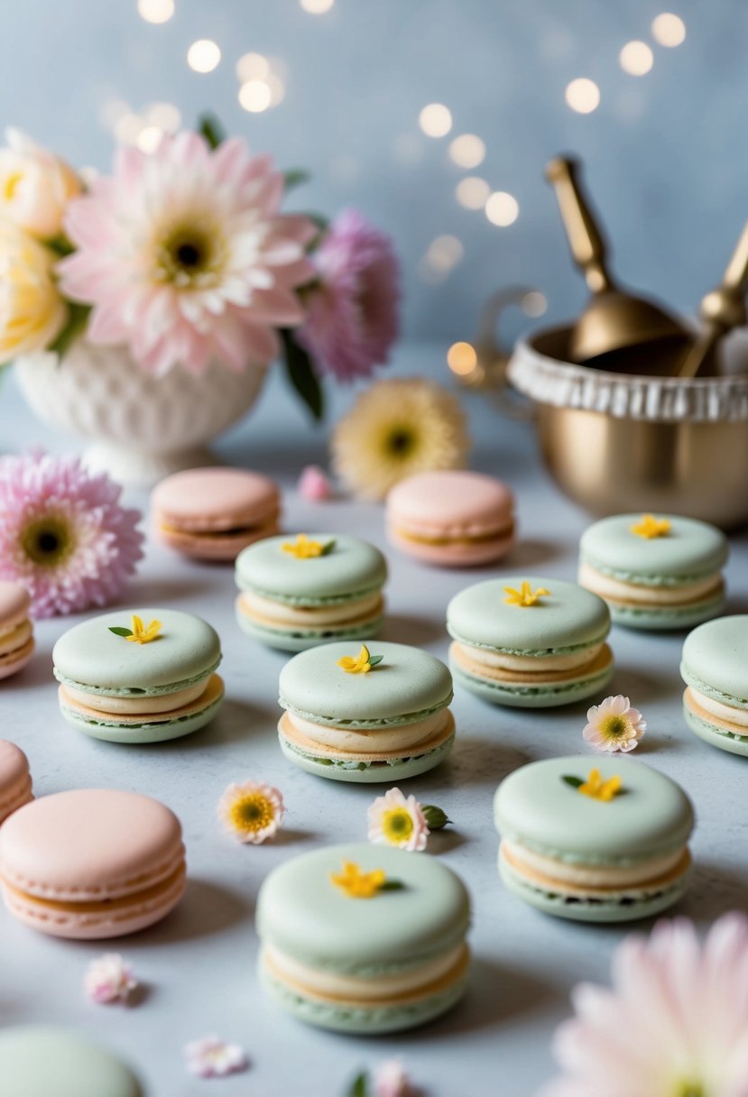 A table set with delicate jasmine-scented macarons, surrounded by pastel flowers and vintage baking tools