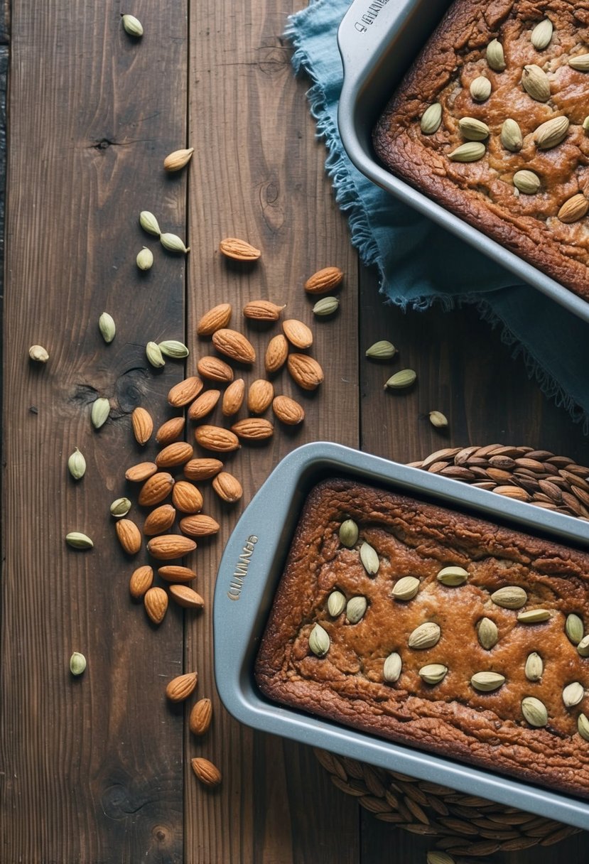 A rustic wooden table with scattered almonds and cardamom pods, alongside a freshly baked tray of almond cardamom cake