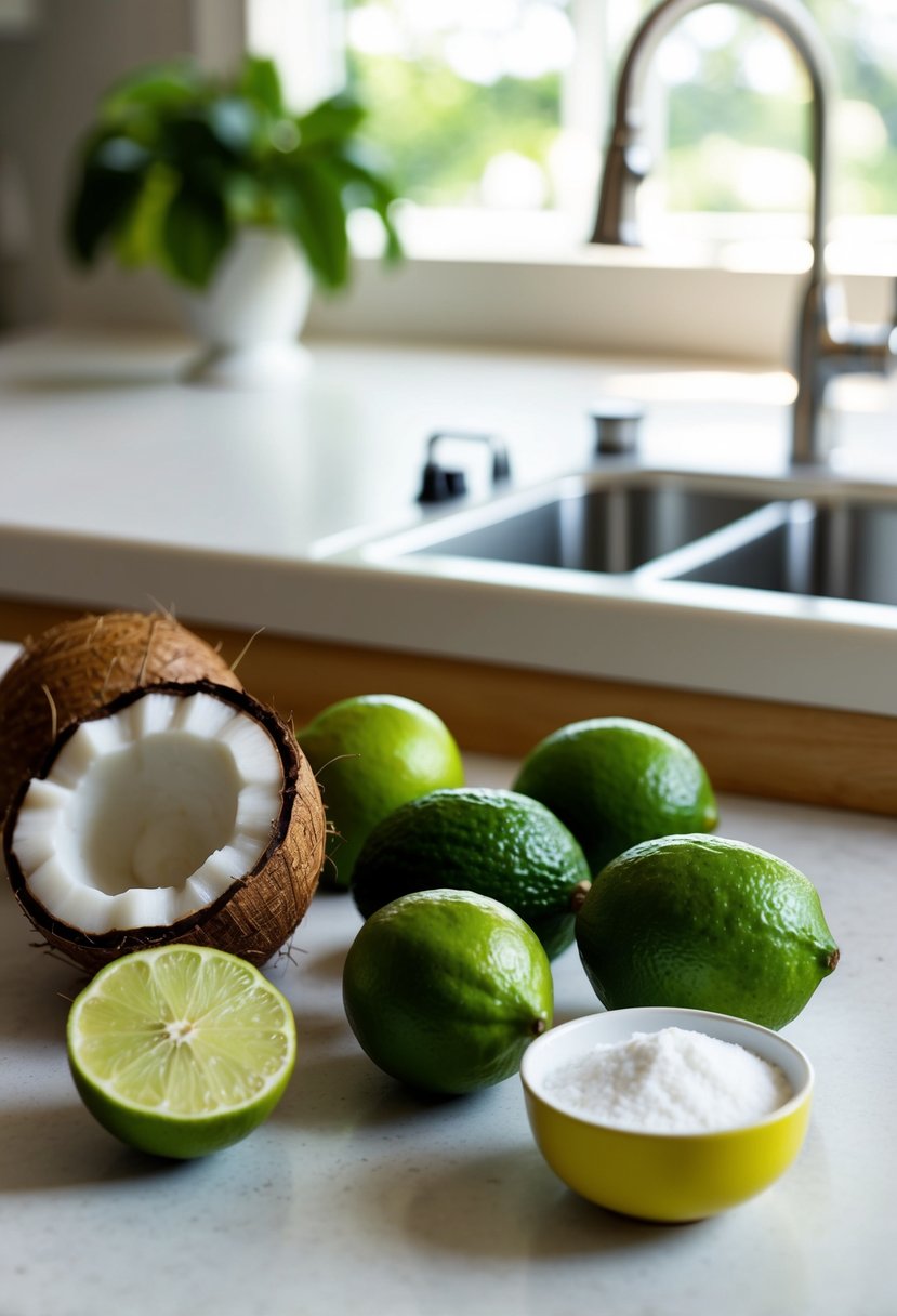 A kitchen counter with fresh coconuts, limes, and baking ingredients laid out for making coconut lime bars