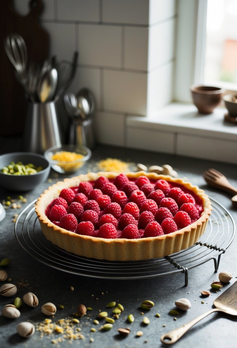 A rustic kitchen counter with a freshly baked raspberry pistachio tart cooling on a wire rack, surrounded by scattered ingredients and vintage baking utensils