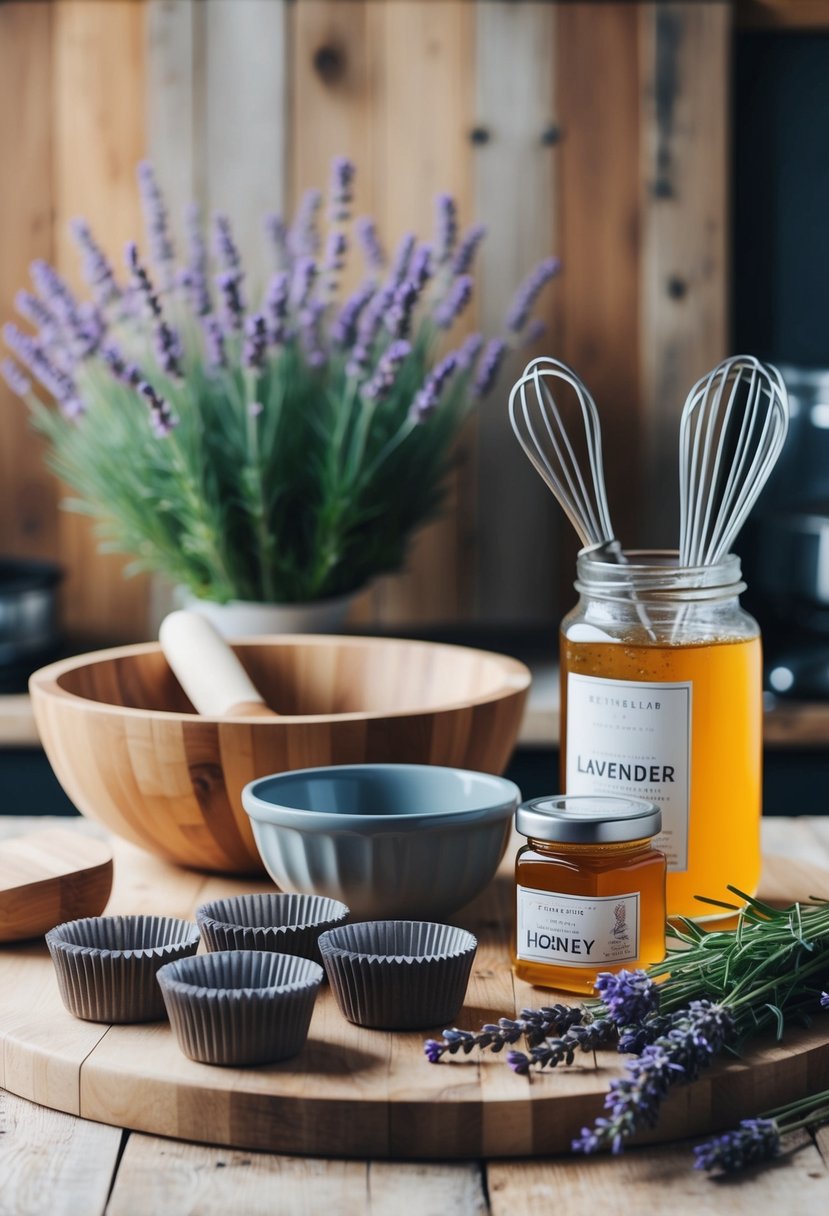 A rustic kitchen counter with a wooden cutting board, a mixing bowl, a whisk, and a jar of lavender honey, surrounded by fresh lavender sprigs and muffin tins