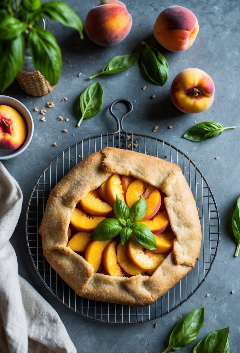 A rustic kitchen table with a freshly baked peach basil galette cooling on a wire rack, surrounded by scattered basil leaves and a few ripe peaches