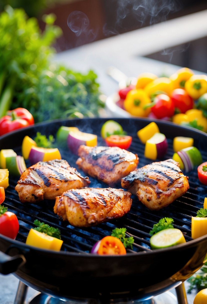 A sizzling grill with juicy BBQ chicken, surrounded by colorful vegetables and herbs