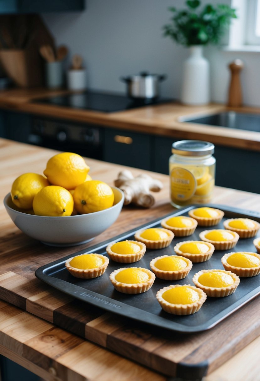 A kitchen counter with a rustic wooden cutting board, a bowl of lemons, a jar of ginger, and a tray of freshly baked lemon tartlets