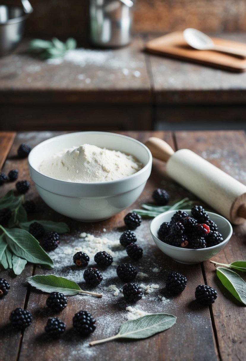 A rustic kitchen counter with scattered blackberries, sage leaves, and flour, next to a mixing bowl and rolling pin