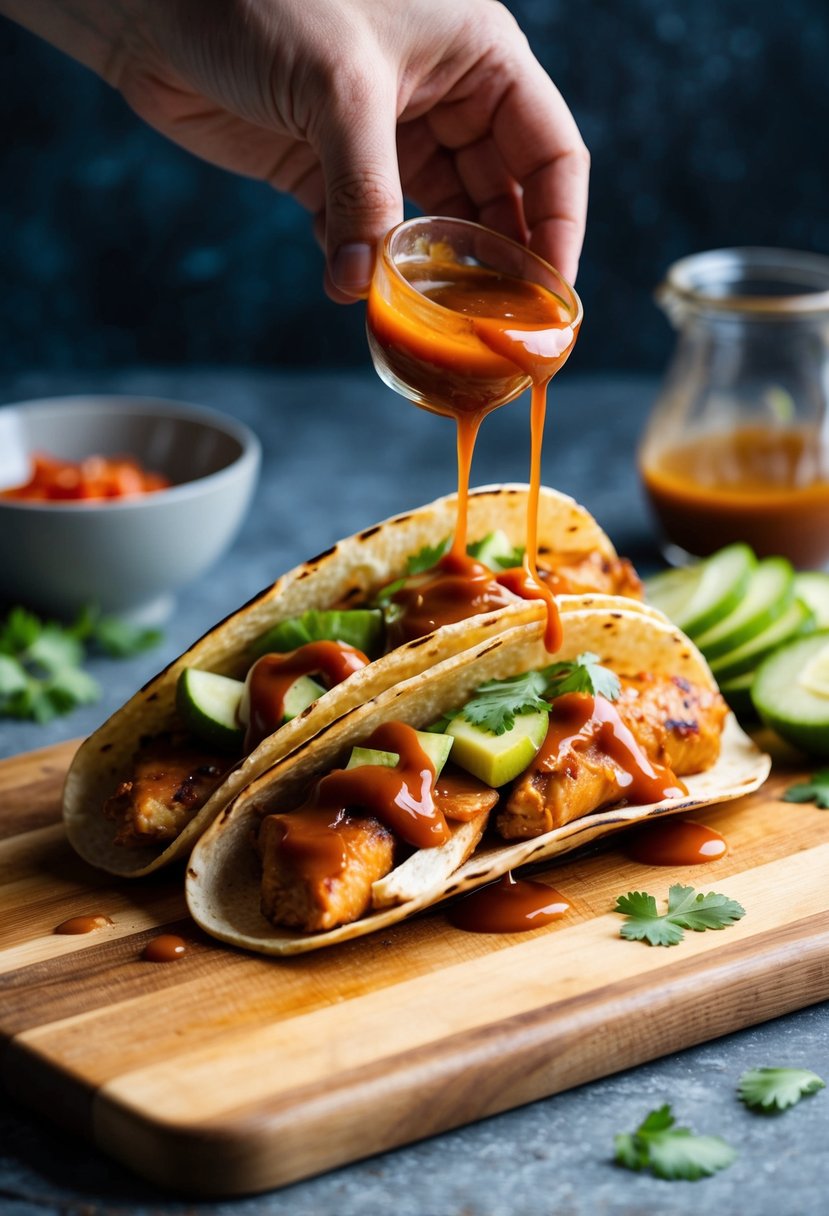 A sizzling BBQ chicken taco being assembled with fresh vegetables and drizzled with sauce on a wooden cutting board