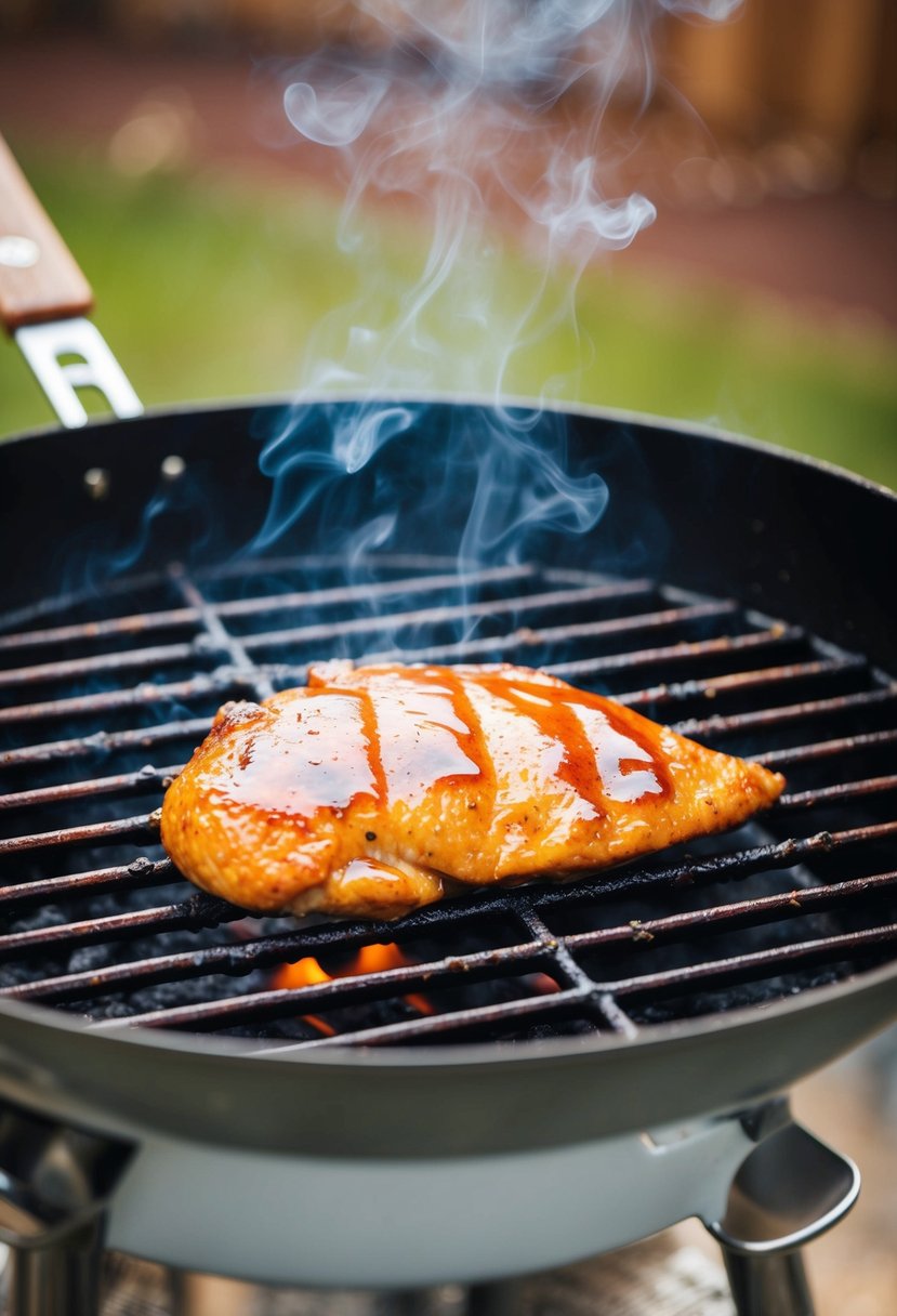 A sizzling chicken breast coated in maple glaze on a smoking hot grill