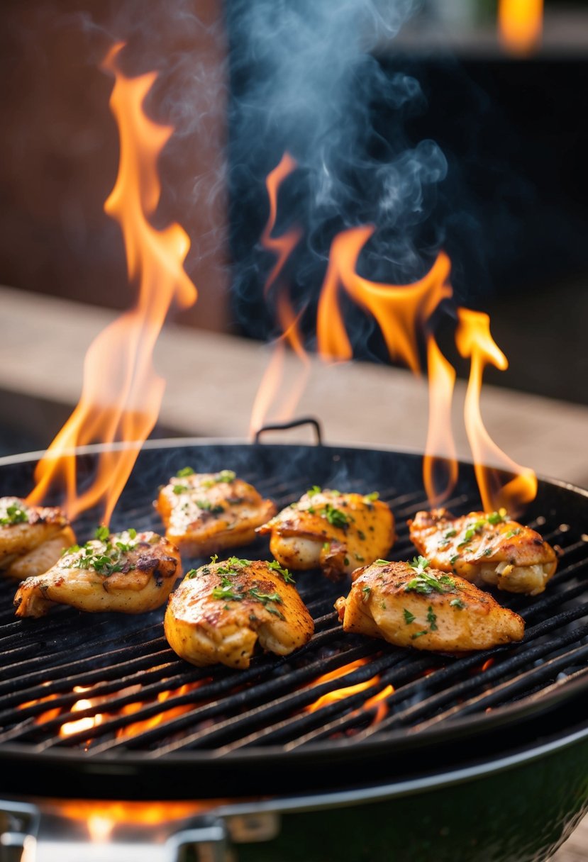 A sizzling BBQ grill with garlic and herb-marinated chicken cooking over the open flame, emitting a mouth-watering aroma