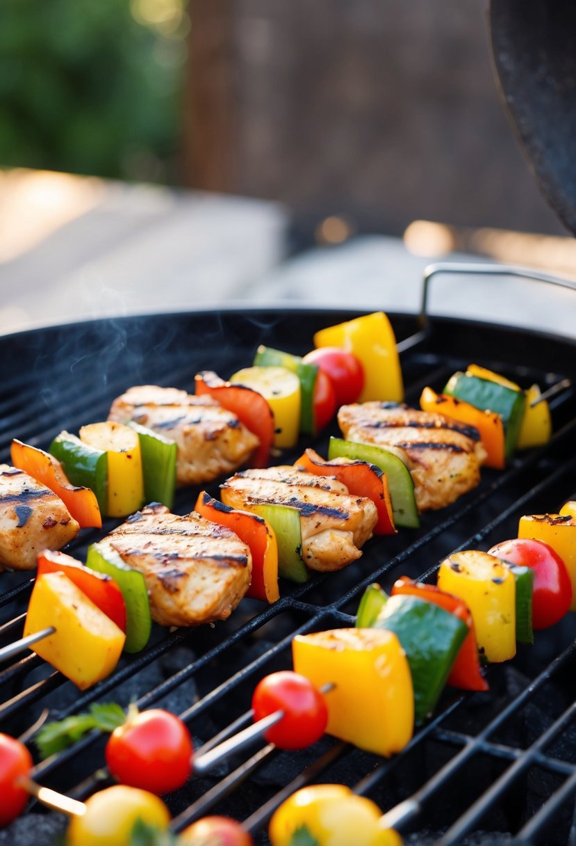 Grilled chicken skewers with colorful vegetables sizzling on a hot barbecue grill