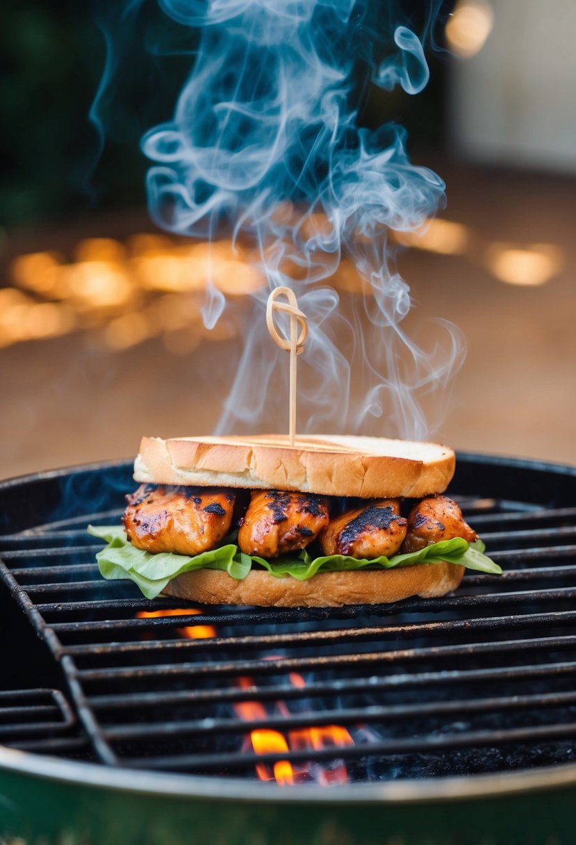 A sizzling BBQ chicken sandwich being grilled on a hot barbecue, with the smoke and aroma rising into the air