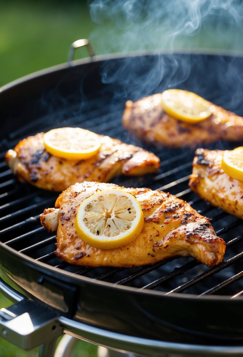 A sizzling lemon-pepper BBQ chicken grilling on a smoky barbecue