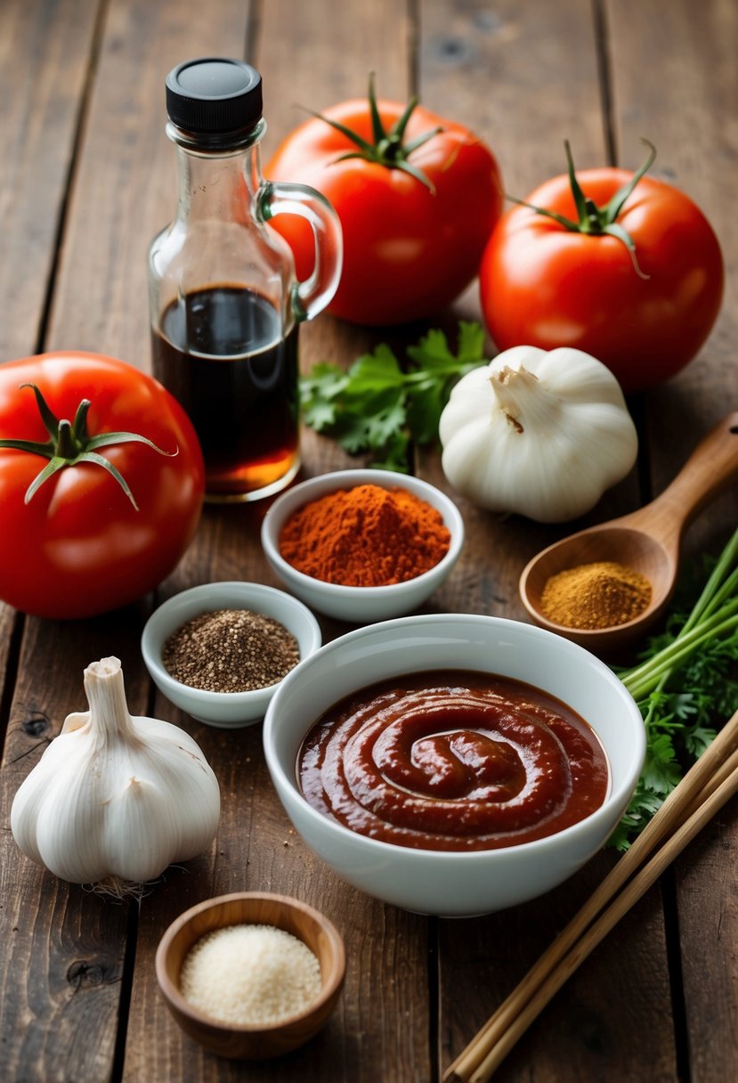 A wooden table with various ingredients such as tomatoes, garlic, vinegar, and spices laid out next to a bowl of homemade BBQ sauce