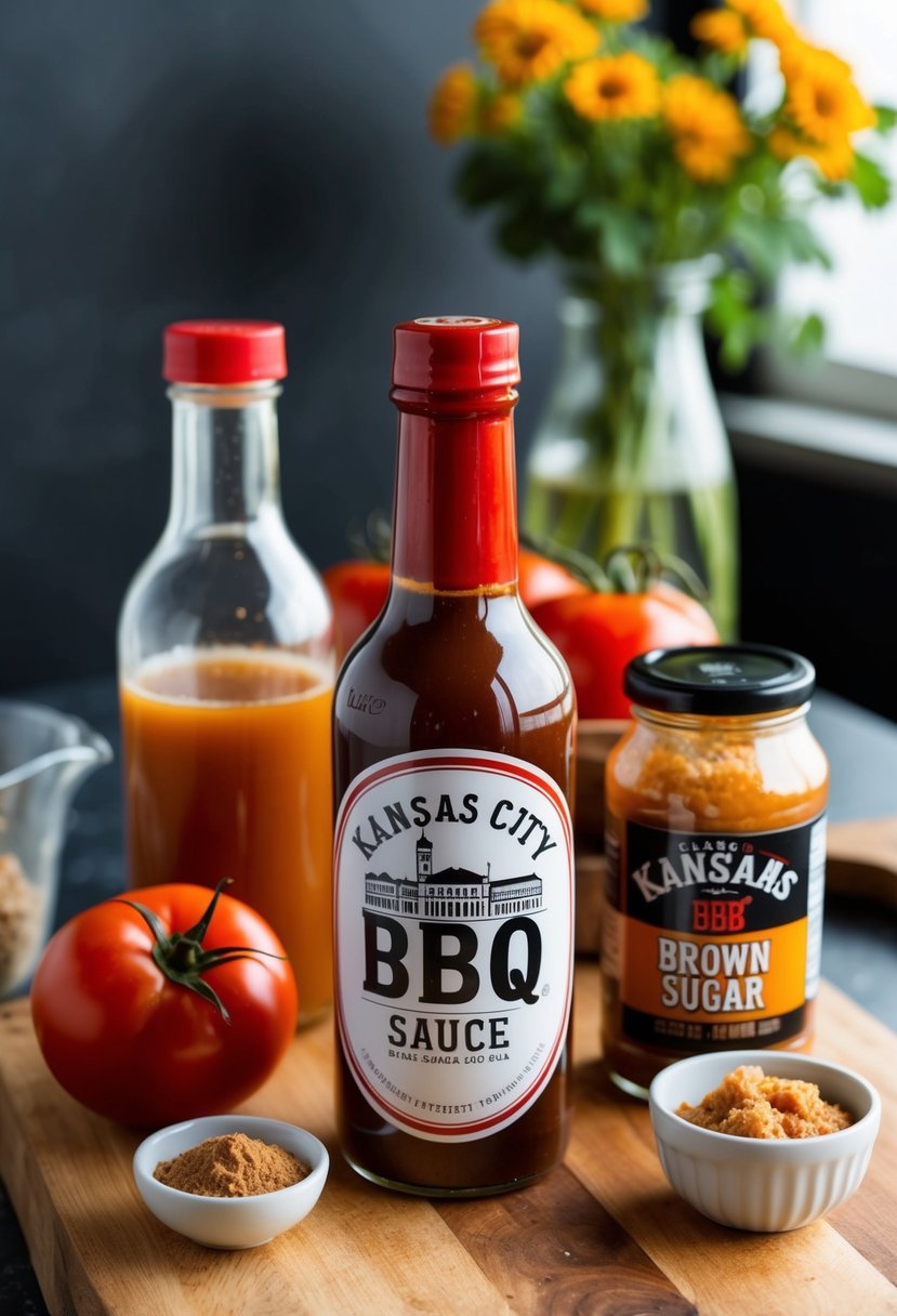 A bottle of Classic Kansas City BBQ Sauce surrounded by ingredients like tomatoes, vinegar, brown sugar, and spices on a wooden cutting board