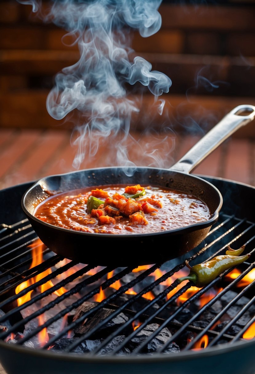 A sizzling skillet of BBQ sauce simmers over a smoky grill, infused with chipotle peppers and spices. Smoke billows upwards as the rich, spicy aroma fills the air