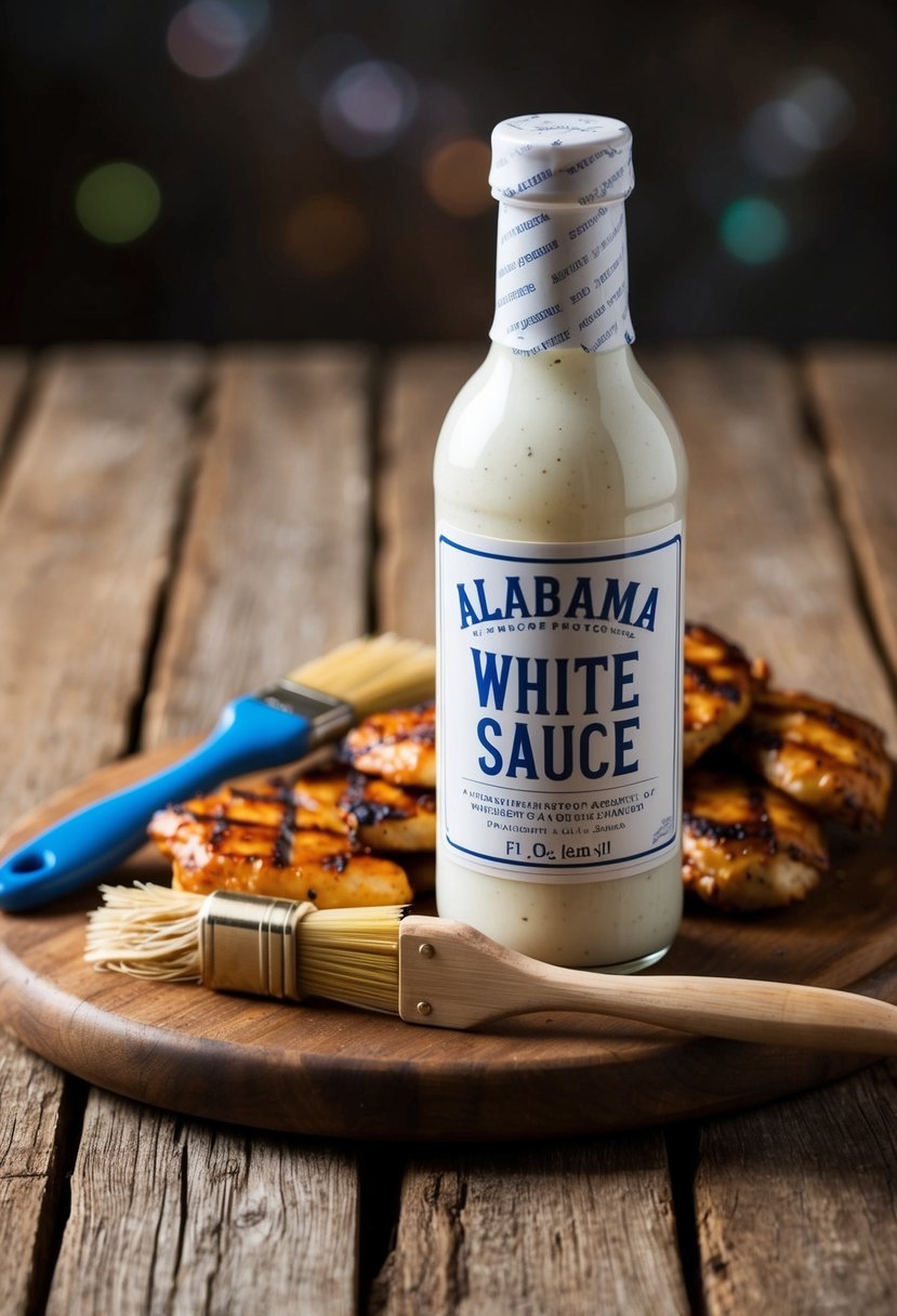 A bottle of Alabama White Sauce sits on a rustic wooden table next to a basting brush and a pile of grilled chicken