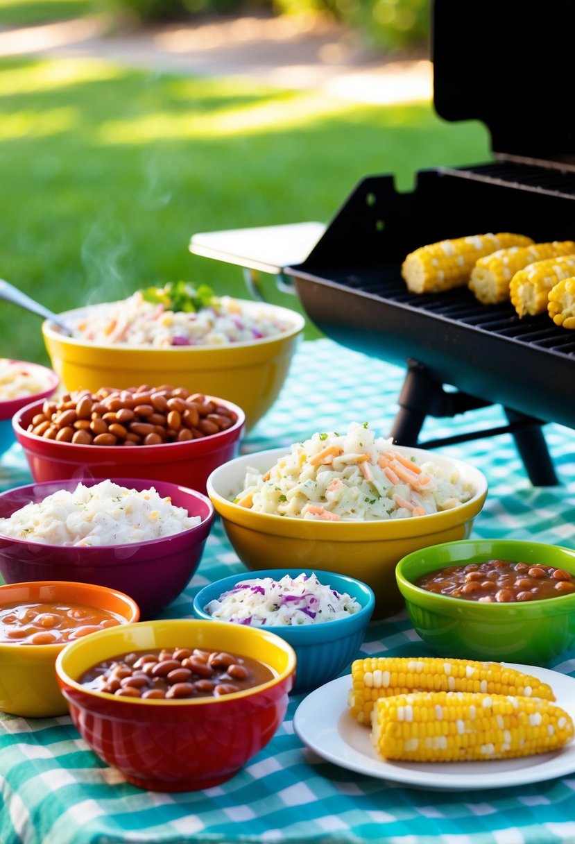 A picnic table set with colorful bowls of potato salad, coleslaw, and baked beans next to a grill with sizzling corn on the cob