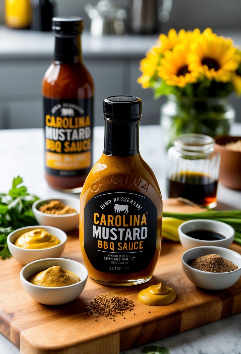 A bottle of Carolina Mustard BBQ Sauce surrounded by fresh ingredients like mustard, vinegar, and spices on a wooden cutting board