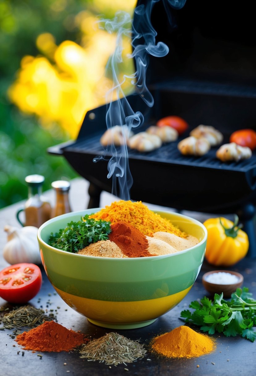 A colorful array of ingredients being mixed in a bowl, surrounded by spices and herbs. Smoke rises from a grill in the background