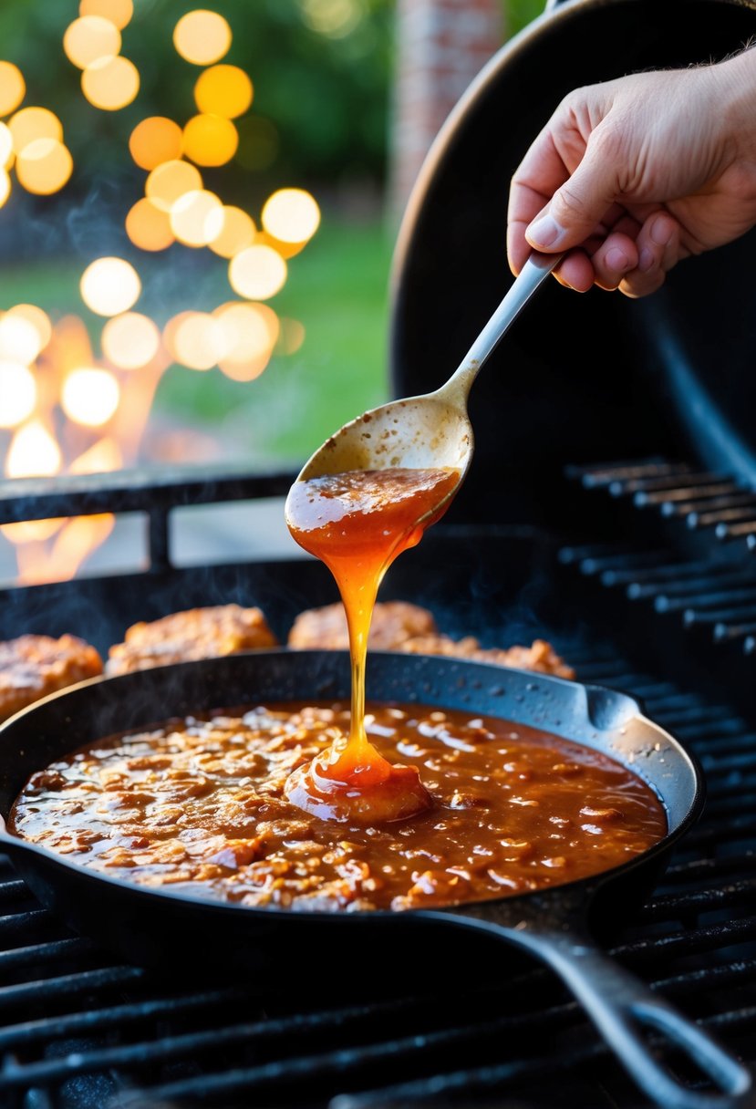 A sizzling skillet of honey bourbon BBQ sauce bubbling and caramelizing over a grill