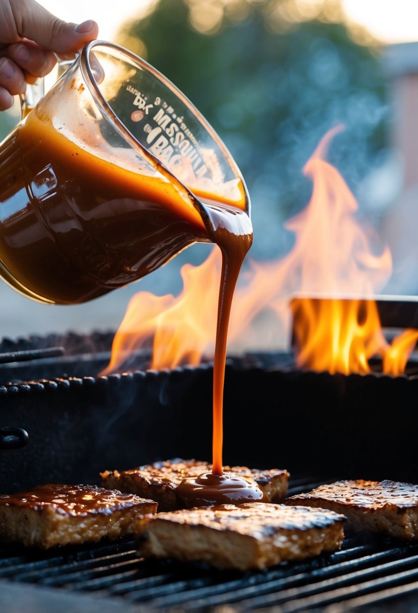 A thick, rich smoky mesquite BBQ sauce being poured over a sizzling hot grill