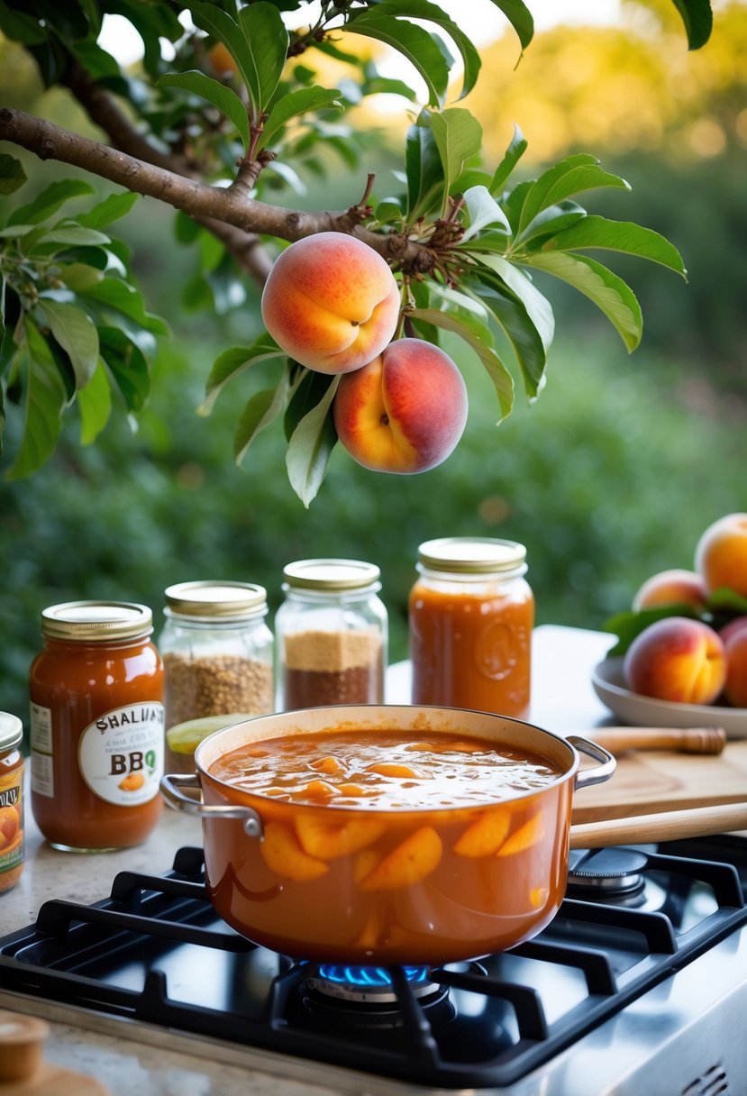 A peach tree branch laden with ripe fruit, surrounded by jars of ingredients and a simmering pot of peach BBQ sauce on a stovetop