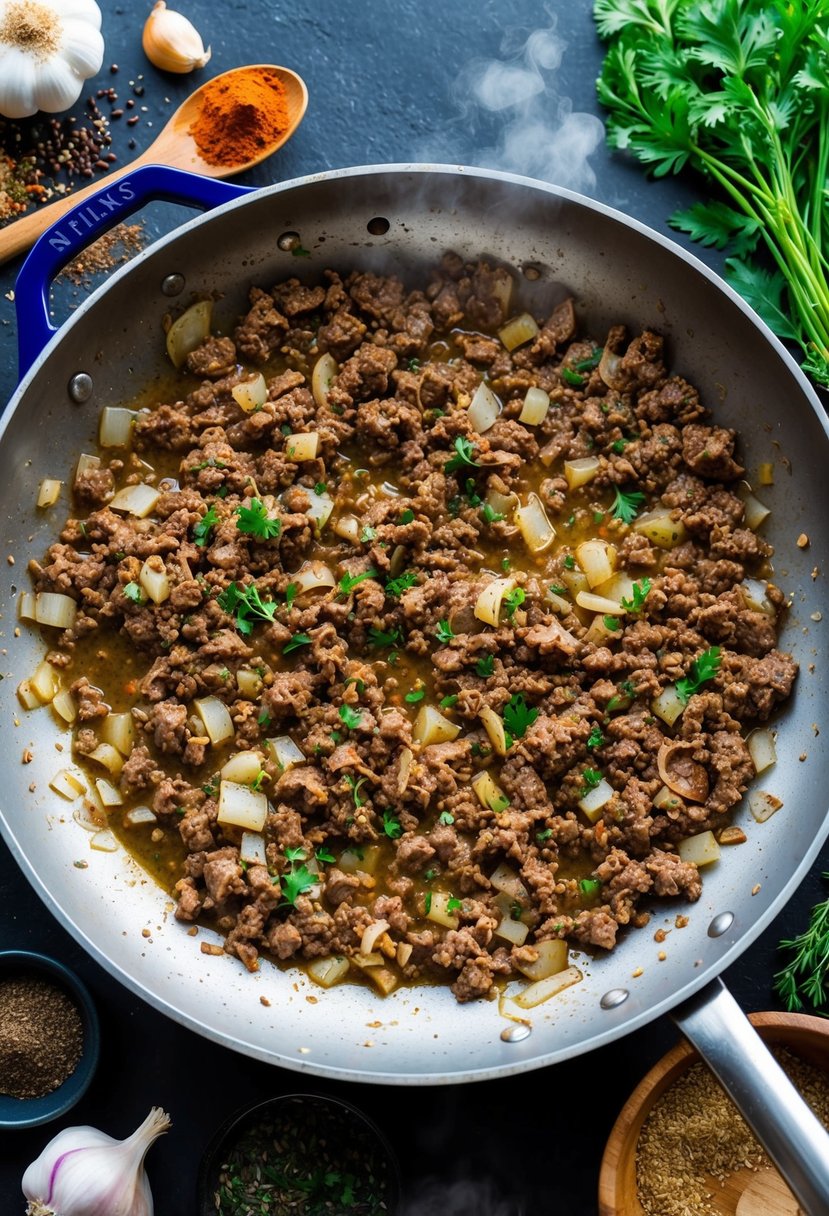 A sizzling skillet with ground beef, onions, and garlic cooking together, surrounded by various spices and fresh herbs