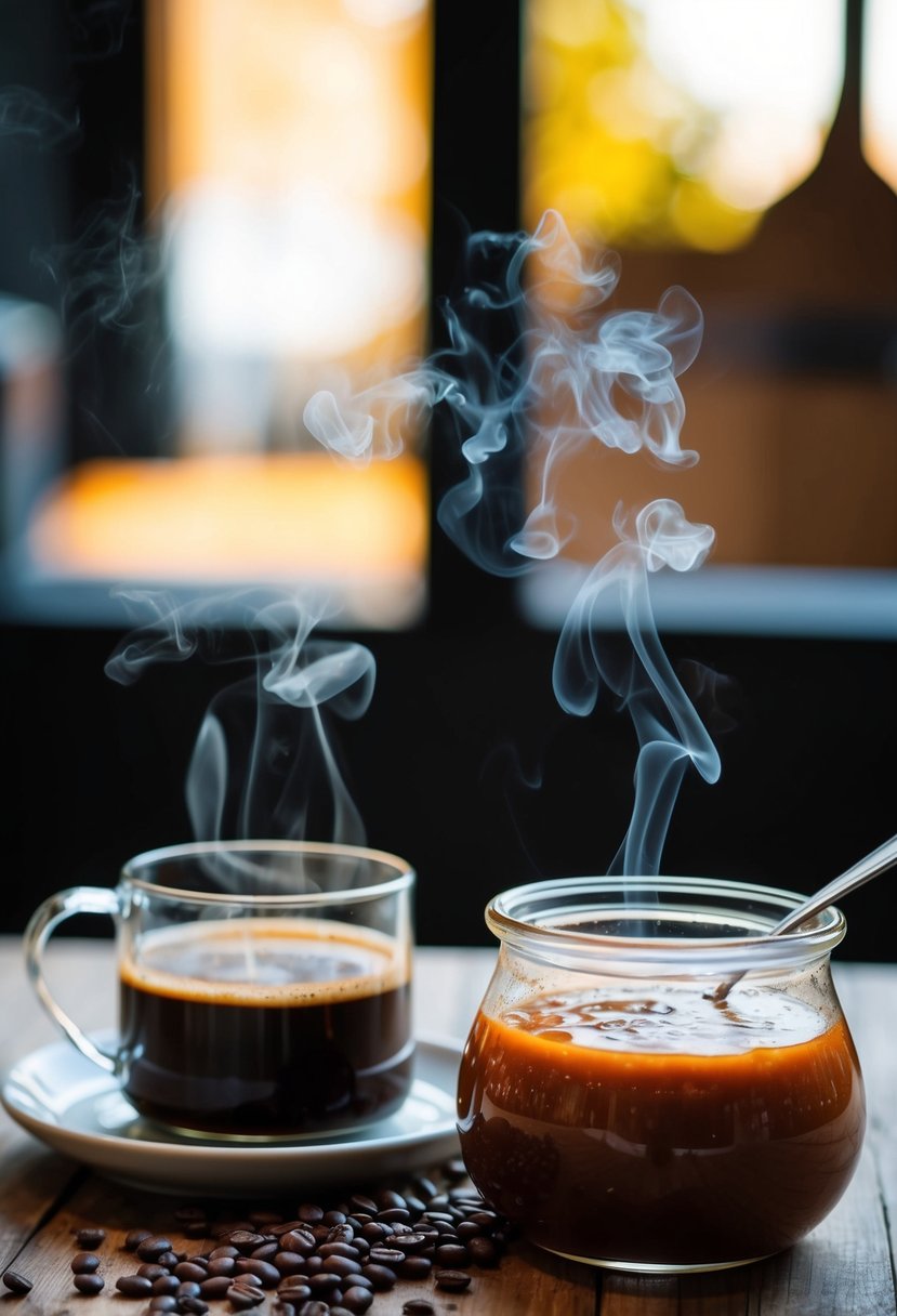 A steaming pot of coffee sits beside a bubbling pot of BBQ sauce, with the rich aroma of coffee beans filling the air