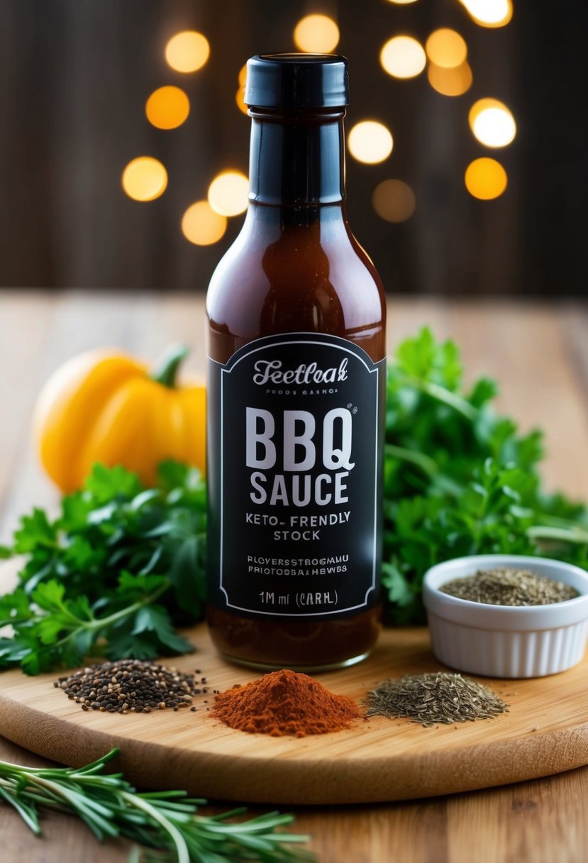 A bottle of keto-friendly BBQ sauce surrounded by fresh herbs and spices on a wooden cutting board