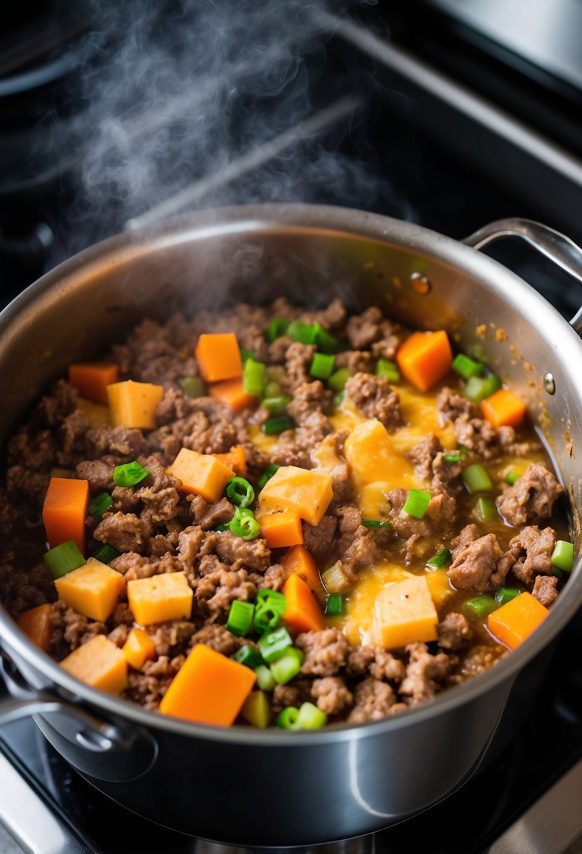 A pot simmering on the stove with chunks of ground beef, diced vegetables, and melted cheese, creating a rich and savory aroma