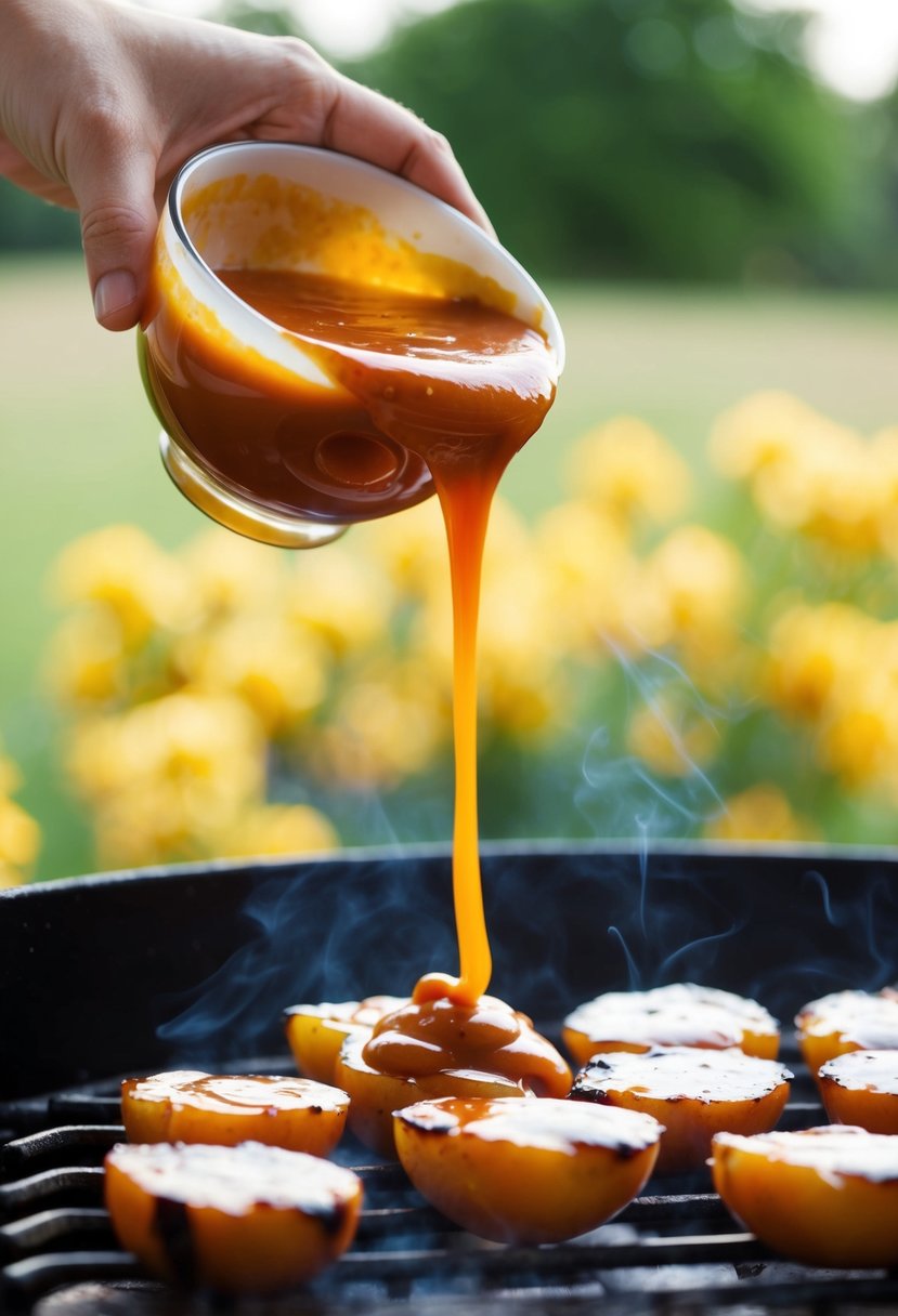 A bowl of apricot BBQ sauce being drizzled over a sizzling grill