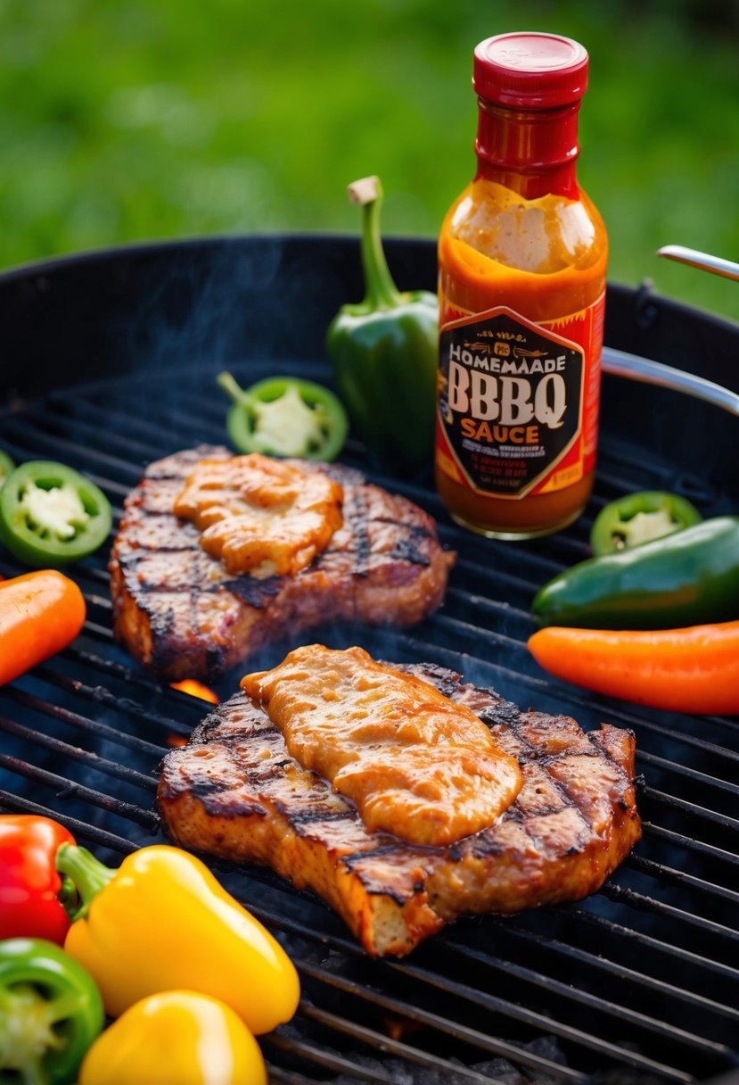 A grill sizzling with juicy meat slathered in Garlic Jalapeño BBQ Sauce, surrounded by vibrant vegetables and a bottle of the homemade sauce