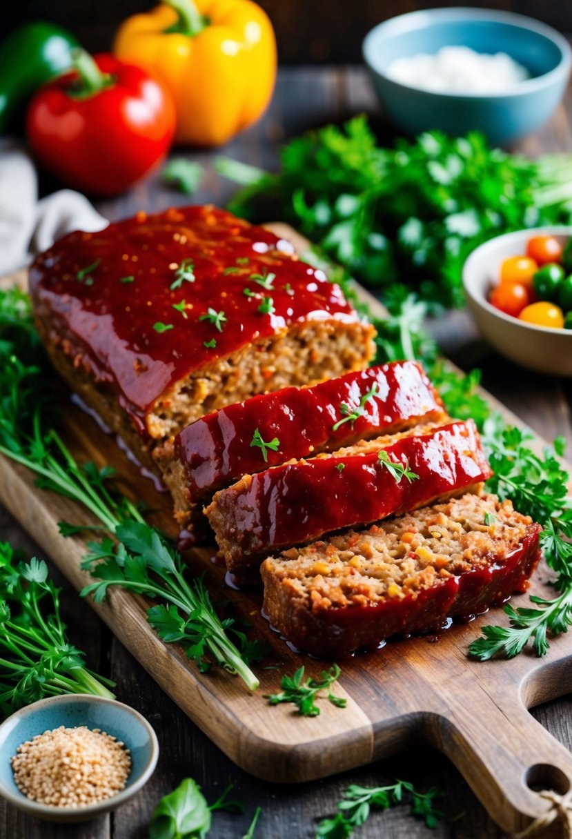 A juicy meatloaf with a shiny glaze sits on a rustic wooden cutting board, surrounded by fresh herbs and colorful vegetables