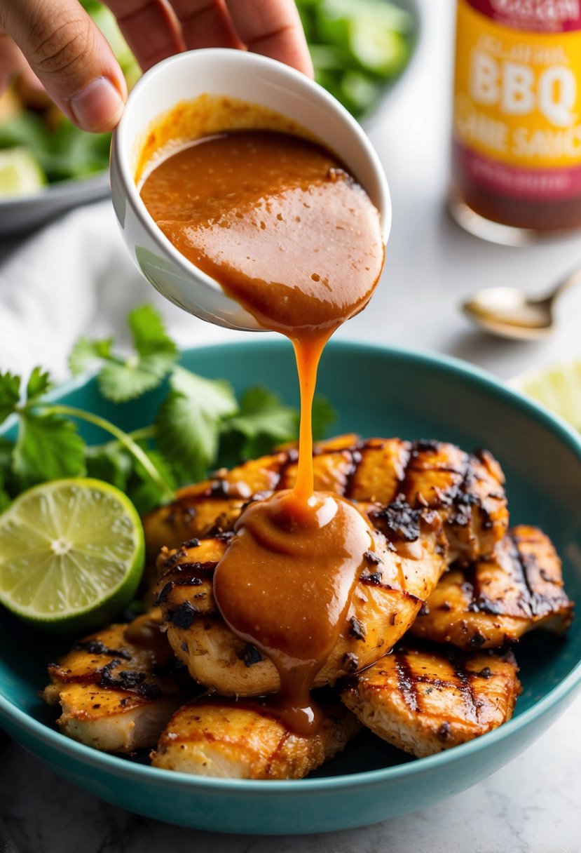 A bowl of cilantro lime BBQ sauce being drizzled over grilled chicken