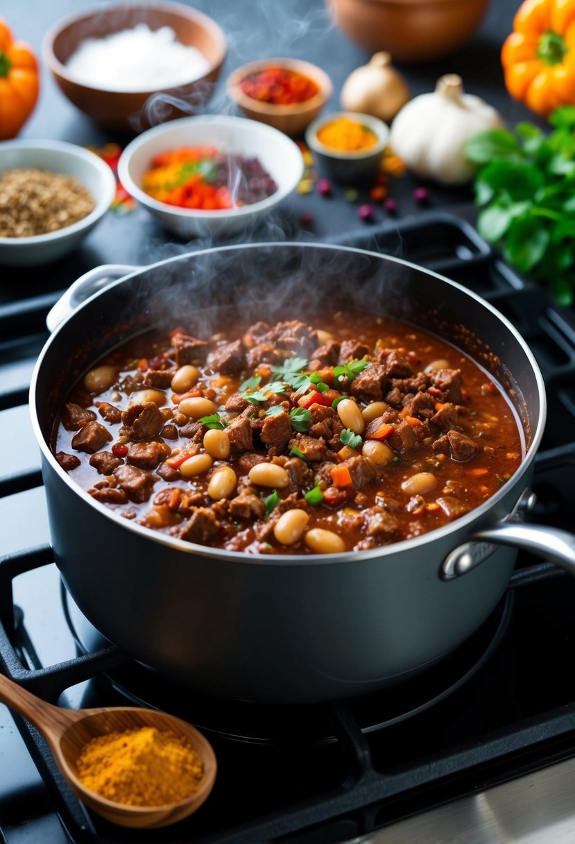 A steaming pot of beef and bean chili simmers on a stovetop, surrounded by colorful spices and fresh ingredients