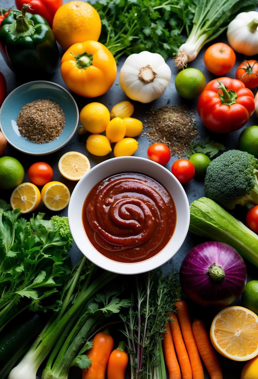 A colorful array of fresh vegetables and fruits, alongside a variety of herbs and spices, all surrounding a large bowl of homemade vegan BBQ sauce