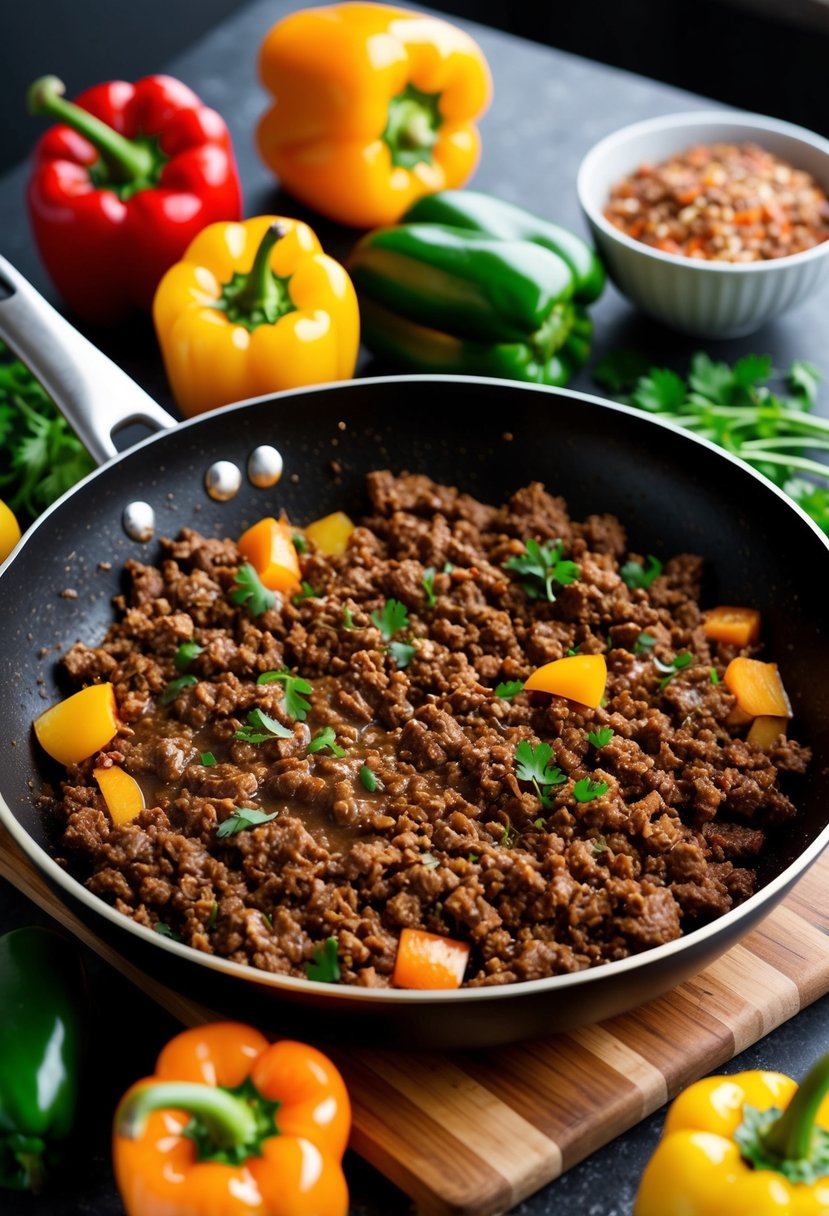 A skillet sizzles with seasoned ground beef, surrounded by vibrant bell peppers and fresh ingredients