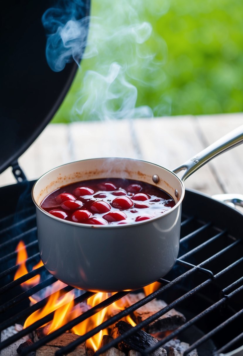 A grill with a steaming saucepan of cherry coke BBQ sauce simmering over hot coals