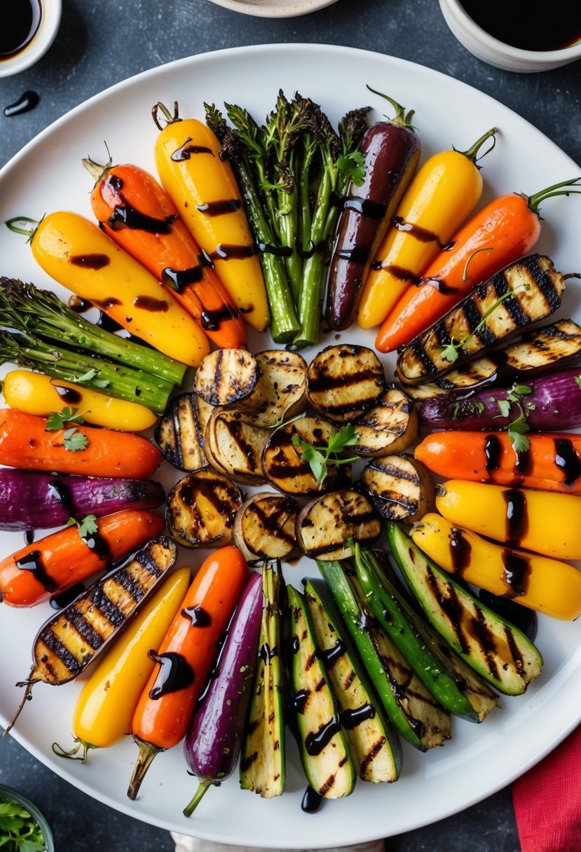 A colorful array of balsamic grilled vegetables arranged on a platter, with grill marks and a drizzle of balsamic glaze