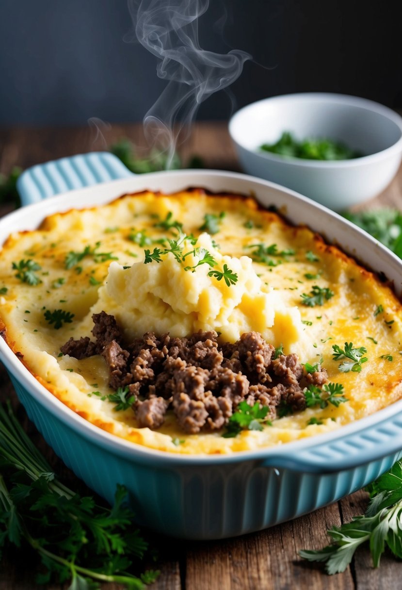 A bubbling casserole dish filled with creamy mashed potatoes and savory ground beef, surrounded by fresh herbs and steaming from the oven