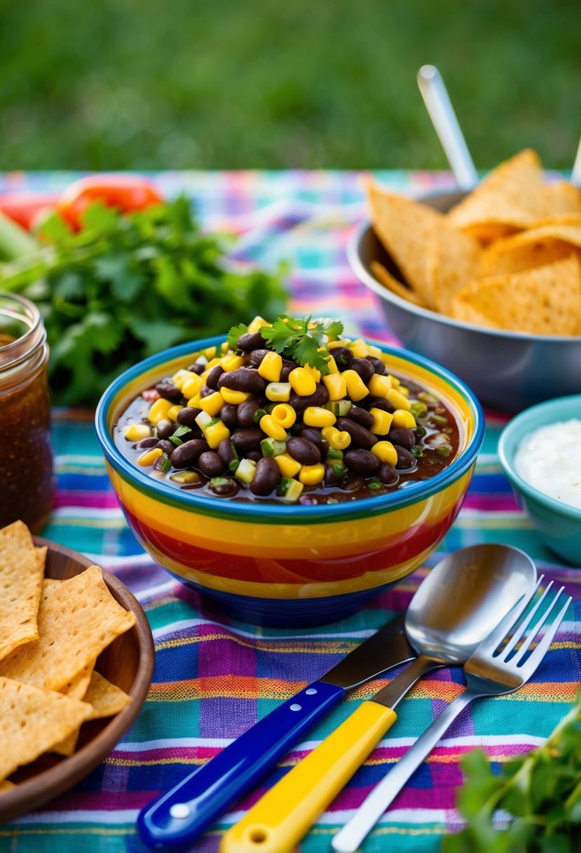 A colorful bowl of spicy black bean and corn salsa surrounded by BBQ ingredients and utensils on a picnic table