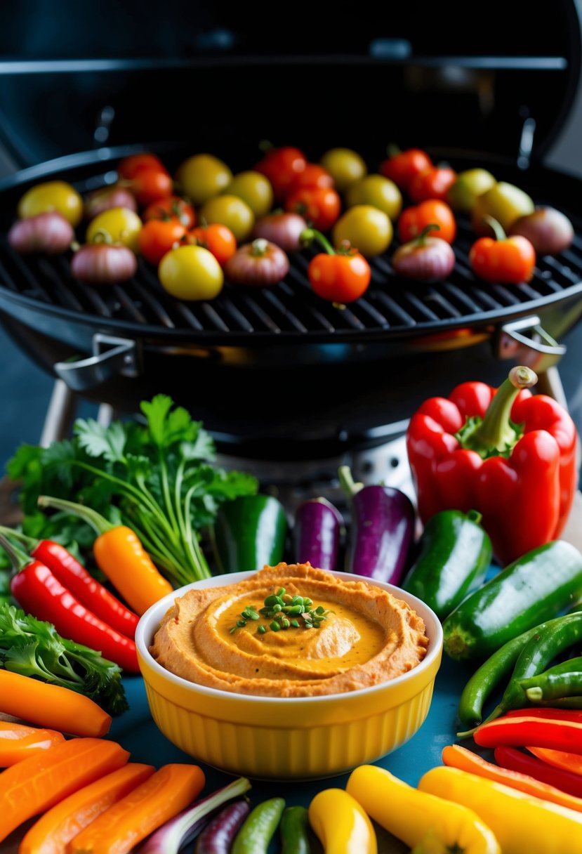 A colorful spread of roasted red pepper hummus surrounded by an assortment of fresh, vibrant vegetables, set against a backdrop of barbecue grilling equipment