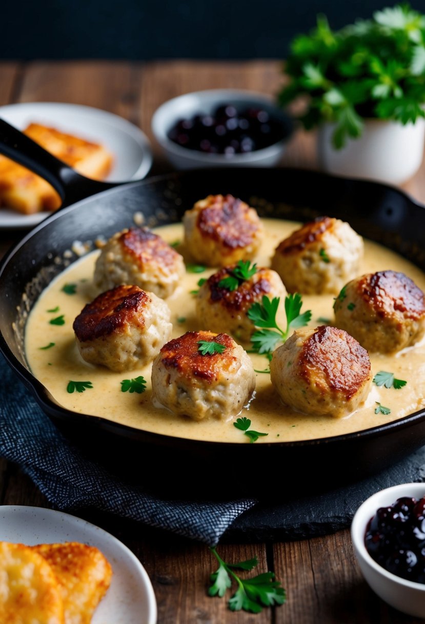 A skillet sizzling with golden-brown Swedish meatballs in a creamy sauce, garnished with fresh parsley and served with lingonberry jam