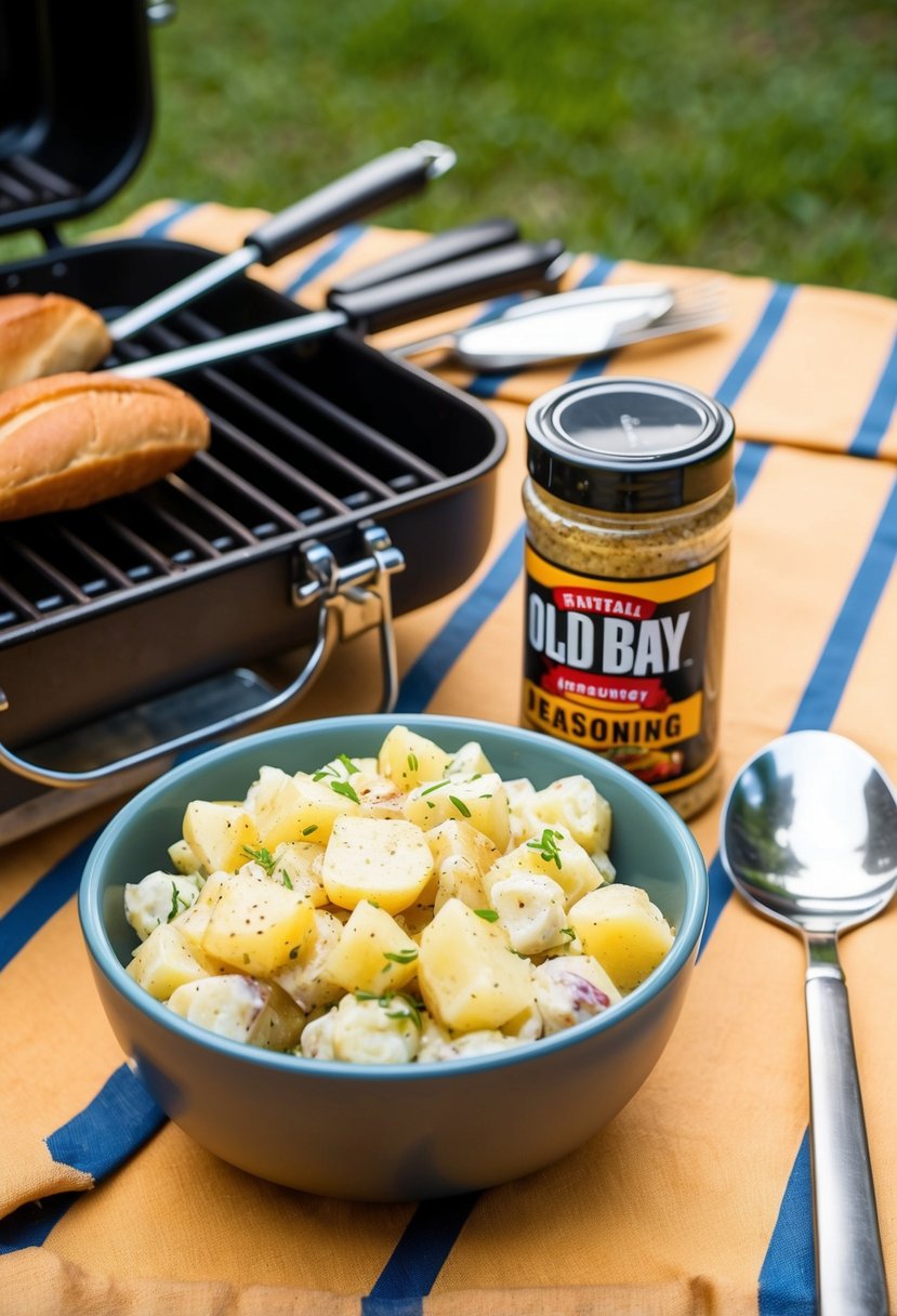 A picnic table with a bowl of potato salad, surrounded by grilling utensils and a jar of Old Bay seasoning