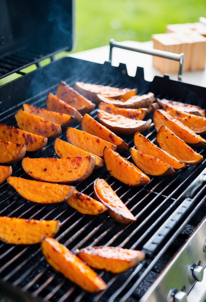 A platter of maple-glazed sweet potato wedges sizzling on a barbecue grill. The sweet potatoes are caramelized and glistening with a sticky glaze