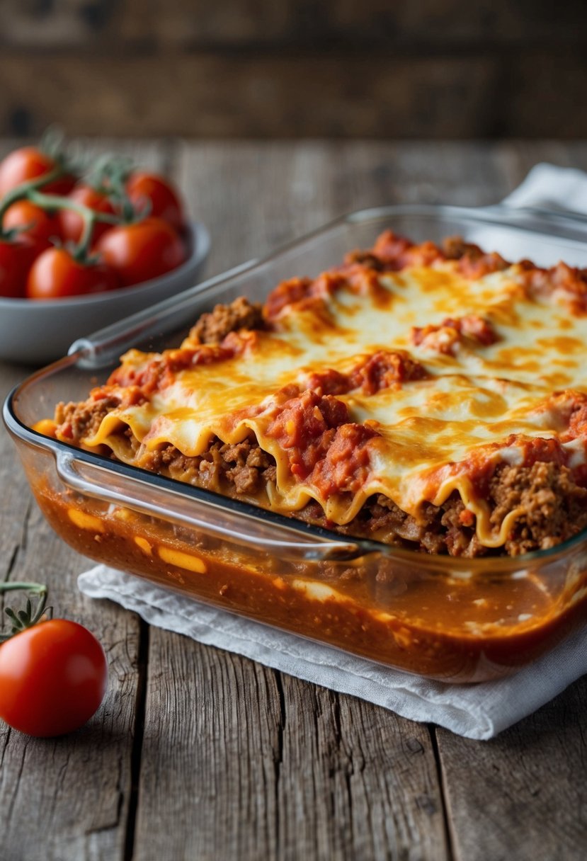 A bubbling lasagna dish with layers of ground beef, cheese, and tomato sauce, sitting on a rustic wooden table