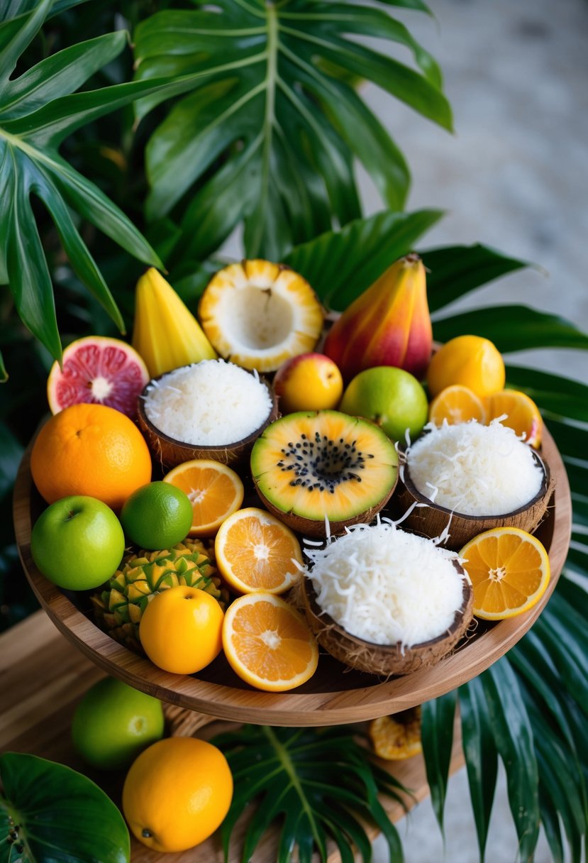 A vibrant array of tropical fruits and shredded coconut arranged on a wooden serving platter, surrounded by lush green foliage